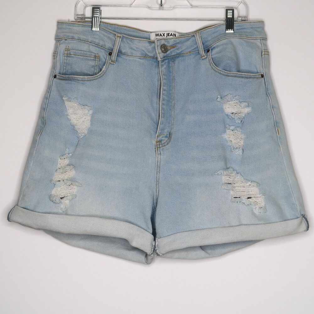 Wax Jean Shorts Size 2X Womens Light Blue Distressed Denim Mom Jeans Ripped Jean
